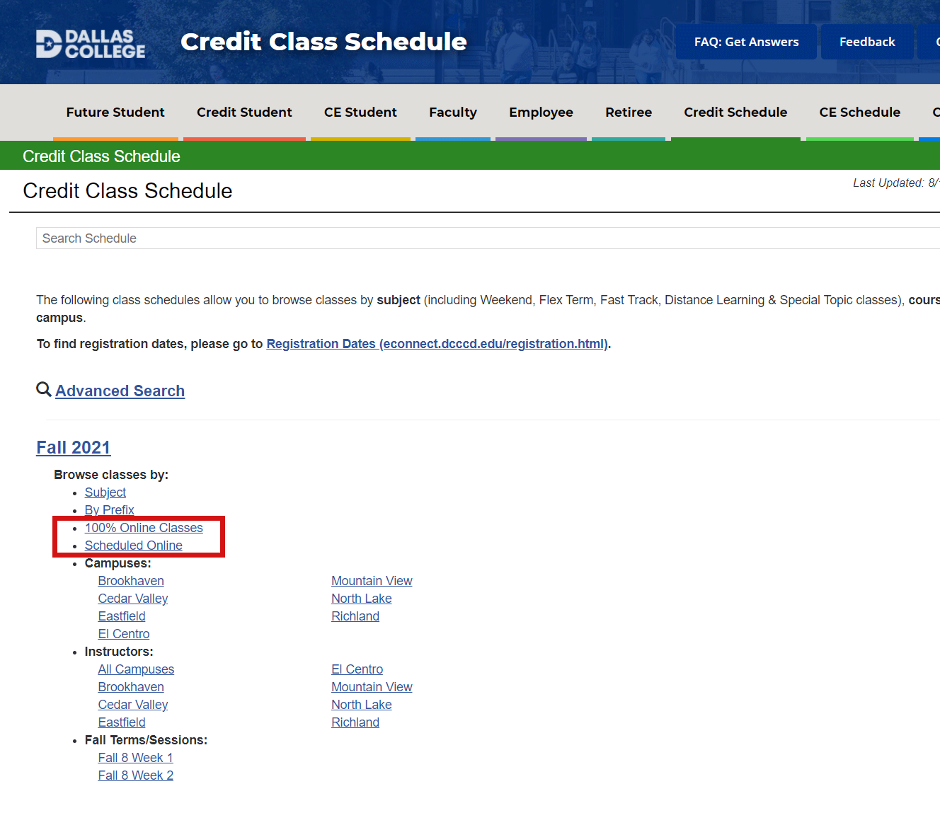 Screenshot of eConnect Browsable Class Schedules page. Link for 100% Online Classes is marked in red under browse classes by.