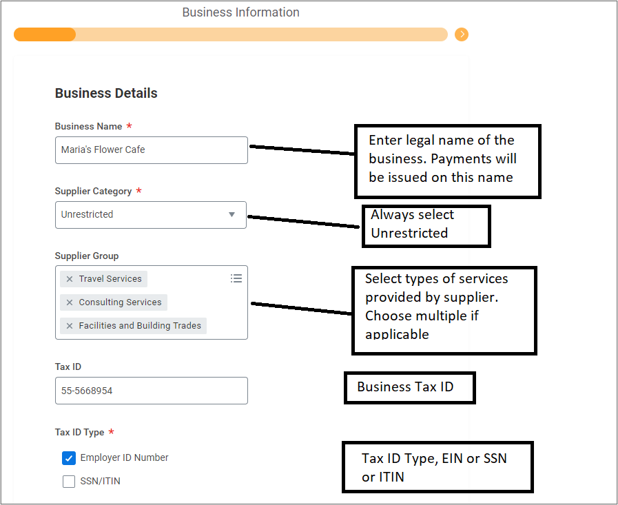 Screenshot of the business information page.