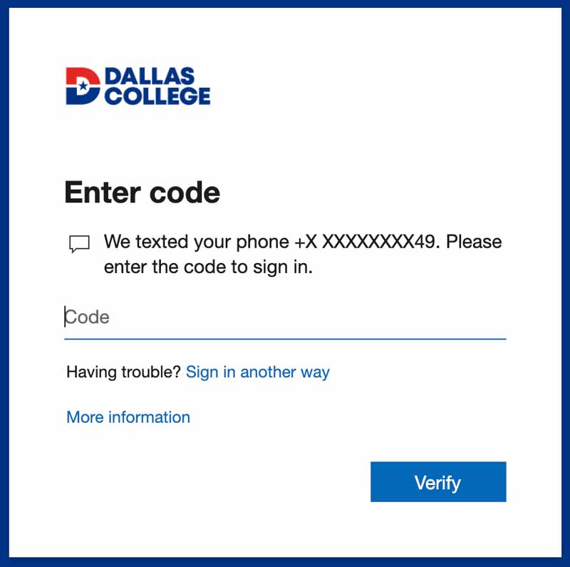 Screenshot of code entry screen in Dallas College Single Sign-On login process.