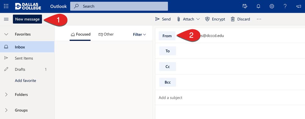 Screenshot of a Dallas College email inbox showing a blank email. The New Message button in the inbox and the From field in the email are highlighted.