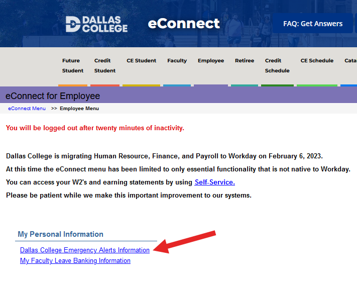 Screenshot of the eConnect Employee menu with the Dallas College Emergency Alerts Information link highlighted