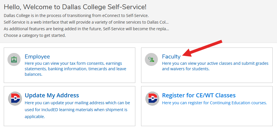 Screenshot of Self Service welcome screen with an arrow pointing to the faculty menu