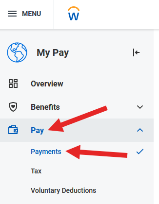 Screenshot of the Workday menu with arrows pointing to Pay and Payments