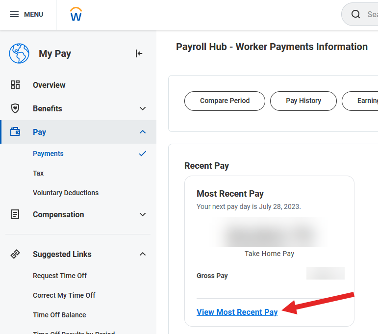 Screenshot of Workday with an arrow point to the View Most Recent Pay link