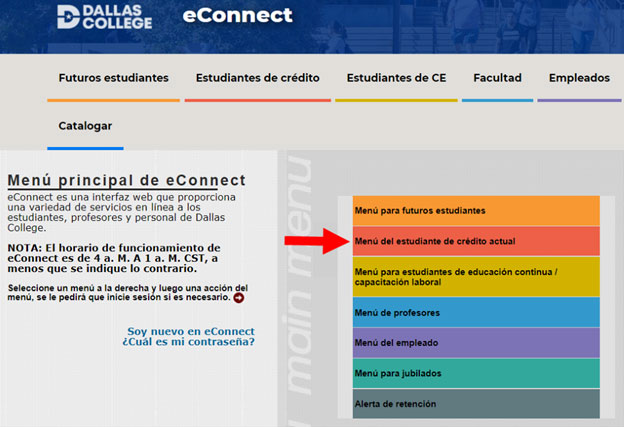 Captura de pantalla del menú de eConnect con el Menú de Estudiantes de Crédito Actual destacado.