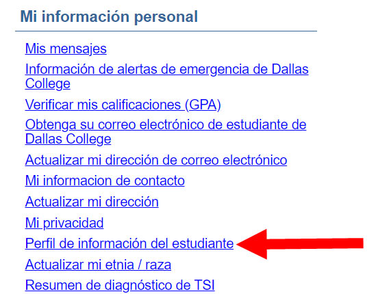 Captura de pantalla del Menú de Estudiantes de Crédito Actual en eConnect resaltando el Perfil de Información del estudiante.