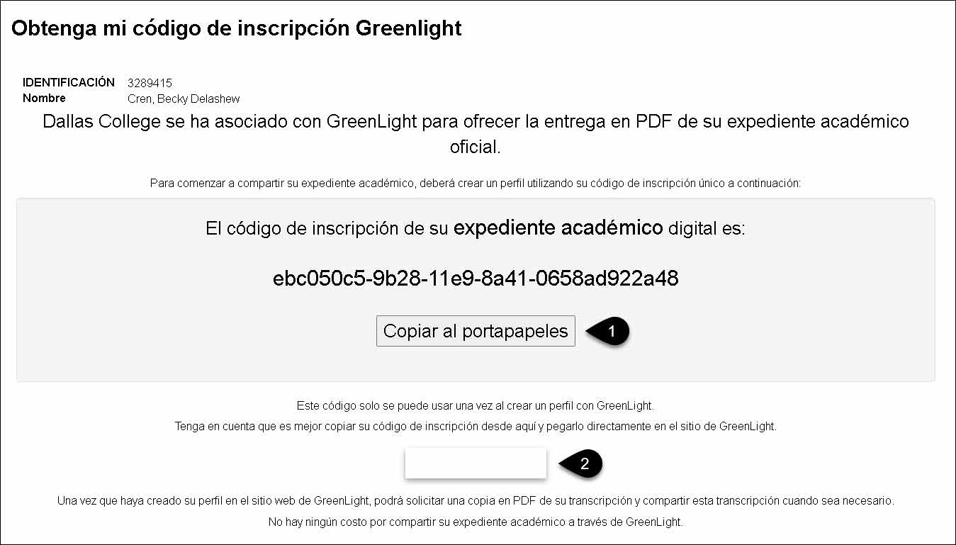 captura de pantalla de la página obtener mi código de inscripción de GreenLight con el proceso ordenado: 1) Haga clic en Copiar al portapapeles y 2) Haga clic en cuadro blanco.