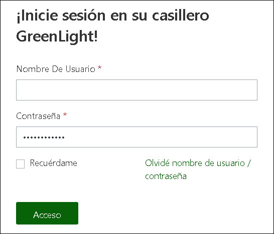 Captura de pantalla de Inicio de sesión en su página de GreenLight Locker.