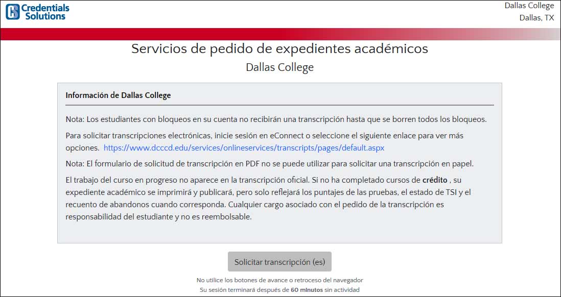 Captura de pantalla de la transcripción de Credential Solutions que ordena el sitio web de Dallas College.