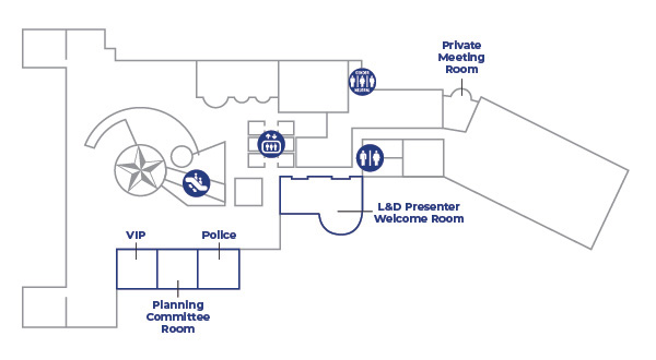 A visual map of the Second Floor (Atrium) at the Hyatt Regency highlighting the location of breakout sessions, police, VIP room and planning committee room.