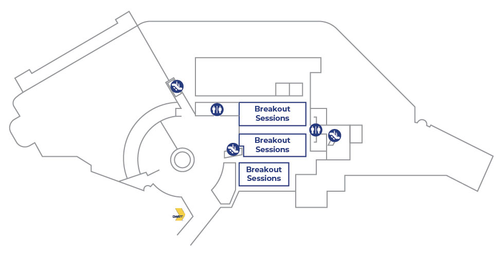 A visual map of the Lower (Exhibition) Level at the Hyatt Regency highlighting the location of breakout sessions, bathrooms and escalators.