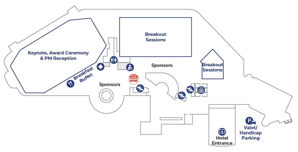 A visual map of the First Floor (Lobby) at the Hyatt Regency highlighting the location of keynote room, breakout sessions, bathrooms, sponsors, entrance and escalators.
