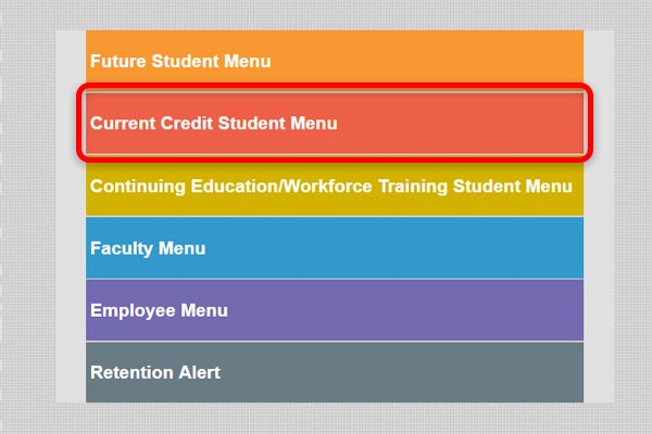 Screenshot from eConnect highlighting the Current Credit Student Menu