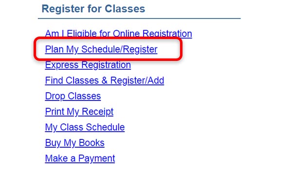 Screenshot from eConnect highlighting the Register for Classes Menu