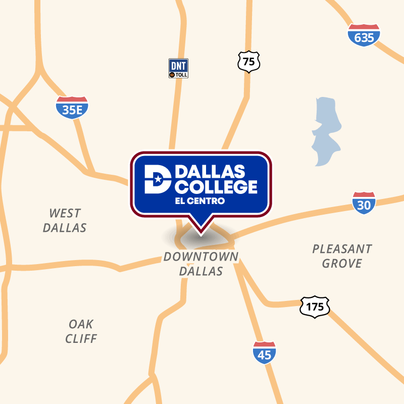 Map showing the location of El Centro Campus in Downtown Dallas near Stemmons Fwy and Woodall Rogers Fwy