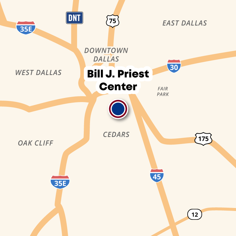 Map showing the location of Bill J. Priest Center in Downtown Dallas near RL Thornton Freeway and Ervay Street