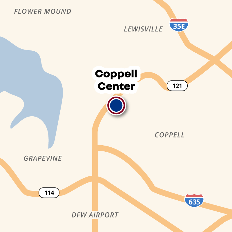 Map showing the location of Coppell Center in Coppell near Highway 121 and Sandy Lake Road