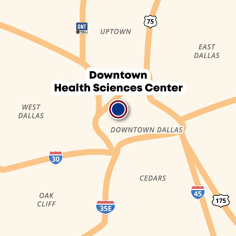 Map showing the location of Health Sciences Center in Downtown Dallas near Stemmons Freeway and Commerce Street
