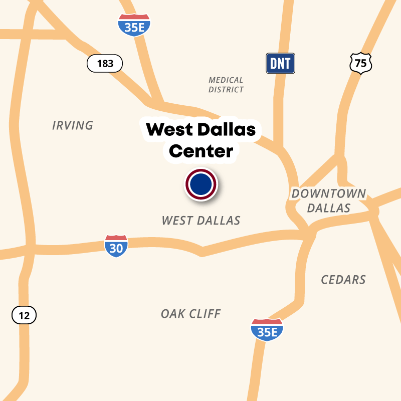 Map showing the location of West Dallas Center in West Dallas near RL Thornton Freeway and Hampton Road