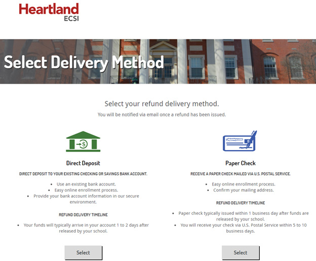 heartland ecsi logo at top left. select your refund delivery method. direct deposit option on the left and paper check option on the right.