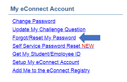 a screenshot from eConnect, showing Forgot/Reset My Password under the My eConnect Account header