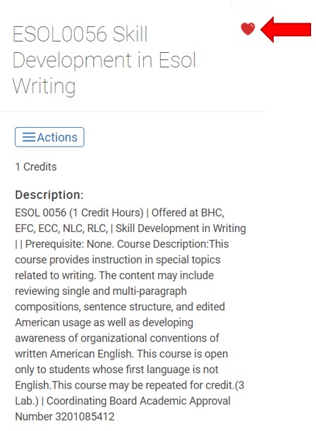 ESOL Detail pop-up information. Click the heart icon to the right of the course title to mark this as a favorite class.
