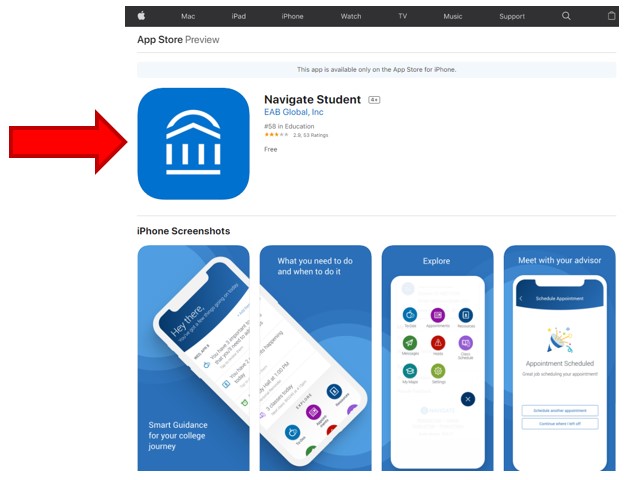 Apple App Store showing Navigate Student app, published by EAB Global, Inc.