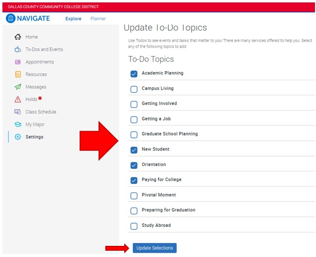 To select a topic, add a checkmark by clicking into the empty checkbox to the left of each item. Remove a topic by clicking on the checkbox having a check, located to the left of each item. Complete this step by clicking the button Update Selections.