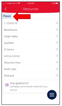 Resources Page, Places Tab selected, listing all college locations in the district. Second menu item to select the People Tab