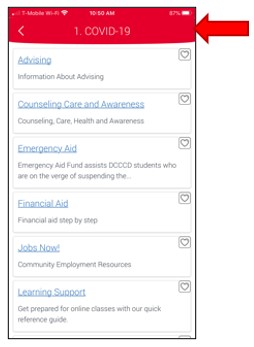 Resources Page, COVID-19 resource list selected, showing a list of available academic and student support services, with the option to mark favorite services.