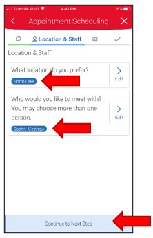 Appointment Scheduling. Location & Staff edit screen. Review location and advisor for accuracy, then select menu item Continue to Next Step to continue.