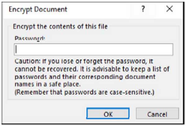 Encrypt Document. Encrypt document box requiring user to enter passord