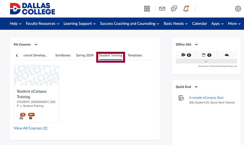 Image highlighting the Student Training tab in Brightspace