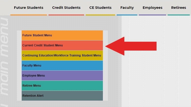 Screenshot of eConnect home page with Current Credit Student Menu highlighted.
