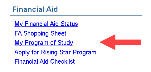 Screenshot of the Financial Aid section with My Program of Study highlighted.