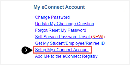 Screenshot of My eConnect Account section of the credit student menu with Setup My eConnect Account highlighted.
