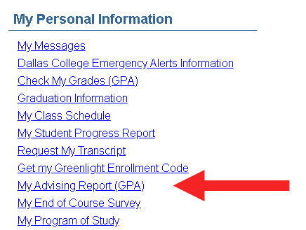 My Personal Information section of eConnect with My Advising Report (GPA) highlighted.