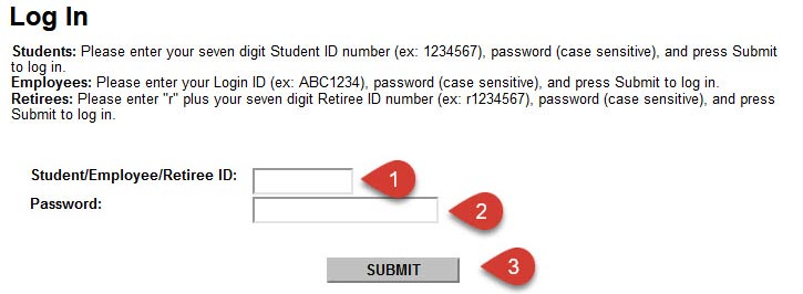 Screenshot of Log in screen displayed with numbered steps: 1. Student ID 2. Password 3. Submit button.