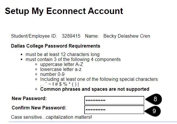 Screenshot of the Setup My eConnect Account page with New Password and Confirm New Password highlighted.