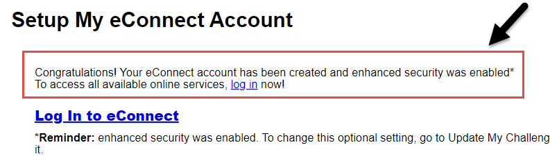 Screenshot of the Setup My eConnect Account page with confirmation of account setup highlighted.