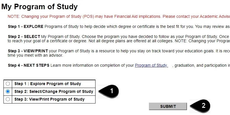 Screenshot of the My Program of Study page with steps to select/change program of study: 1) Click the option button Step 2: Select/Change Program of Study and 2) Click the Submit button.