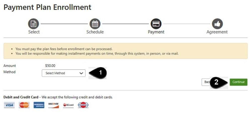 Screenshot of manual payments plan process order: 1) Select method of payment and 2) Click Continue.