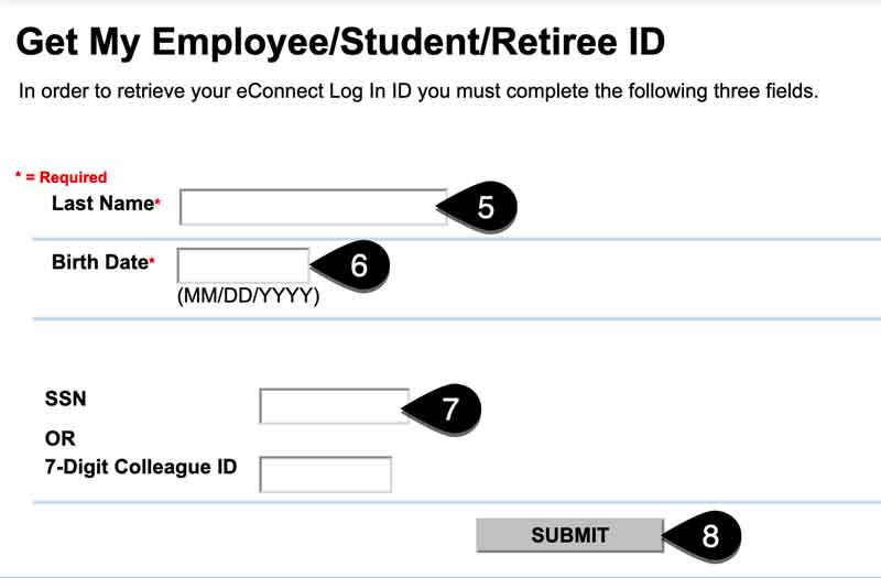 Screenshot of the Get My Student/Employee/Retiree ID online request form. The Last Name, Birth Date, and SSN (social security number) fields are highlighted. The submit button is also highlighted.